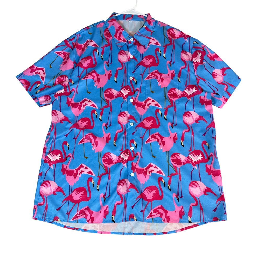Mens Pink Flamingo Print Short Sleeve Button Up Shirt Blue XXL Tropical Summer